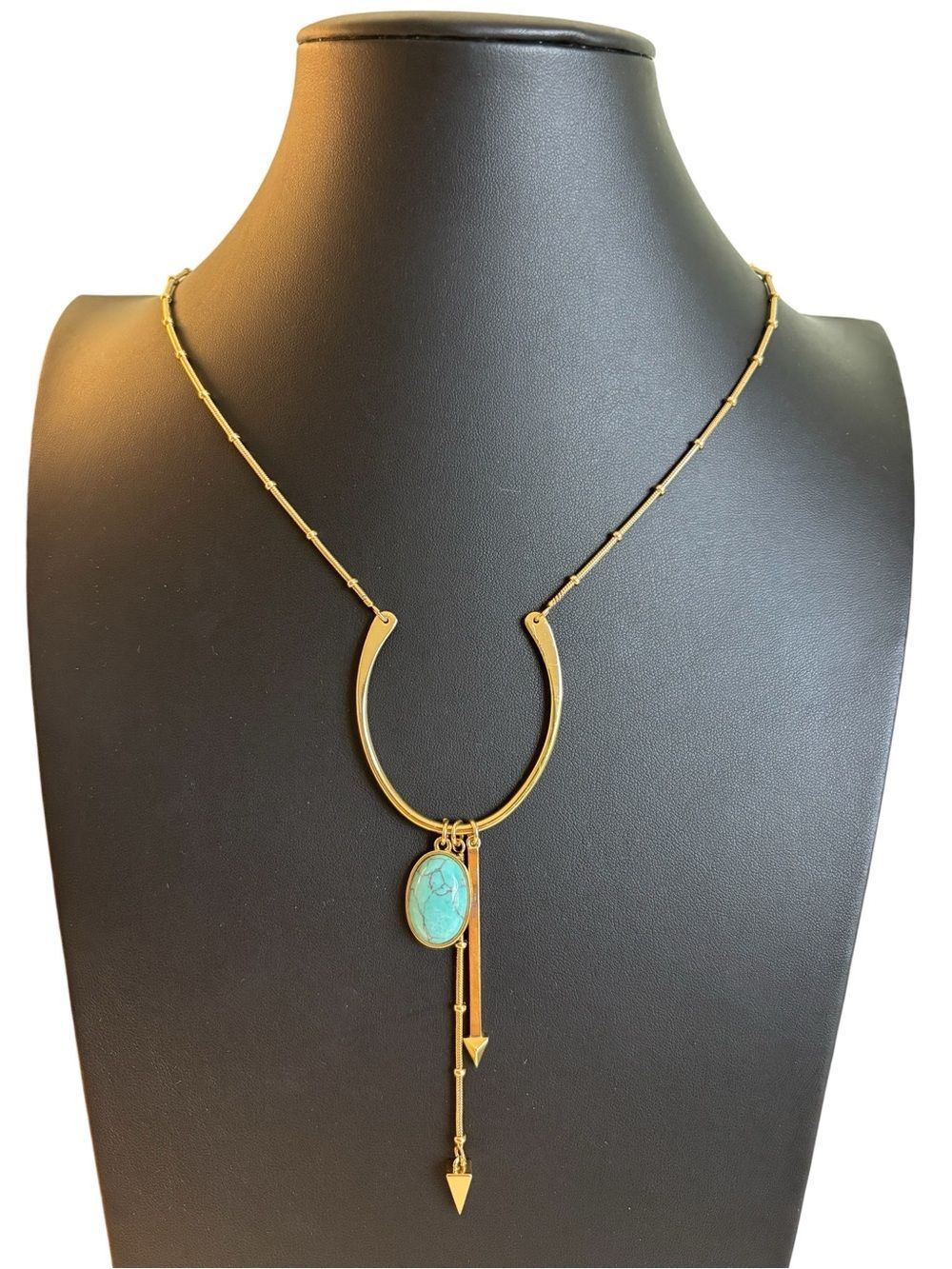 Horseshoe Style Crescent Statement Necklace w/ Faux Turquoise Cabochon.